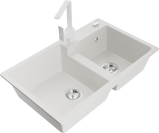 Mexen Tomas granite sink 2-bowl with kitchen faucet Rita, white - 6516-20-670300-20