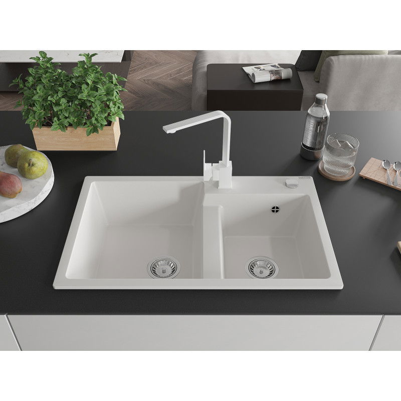 Mexen Tomas granite sink 2-bowl with kitchen faucet Rita, white - 6516-20-670300-20