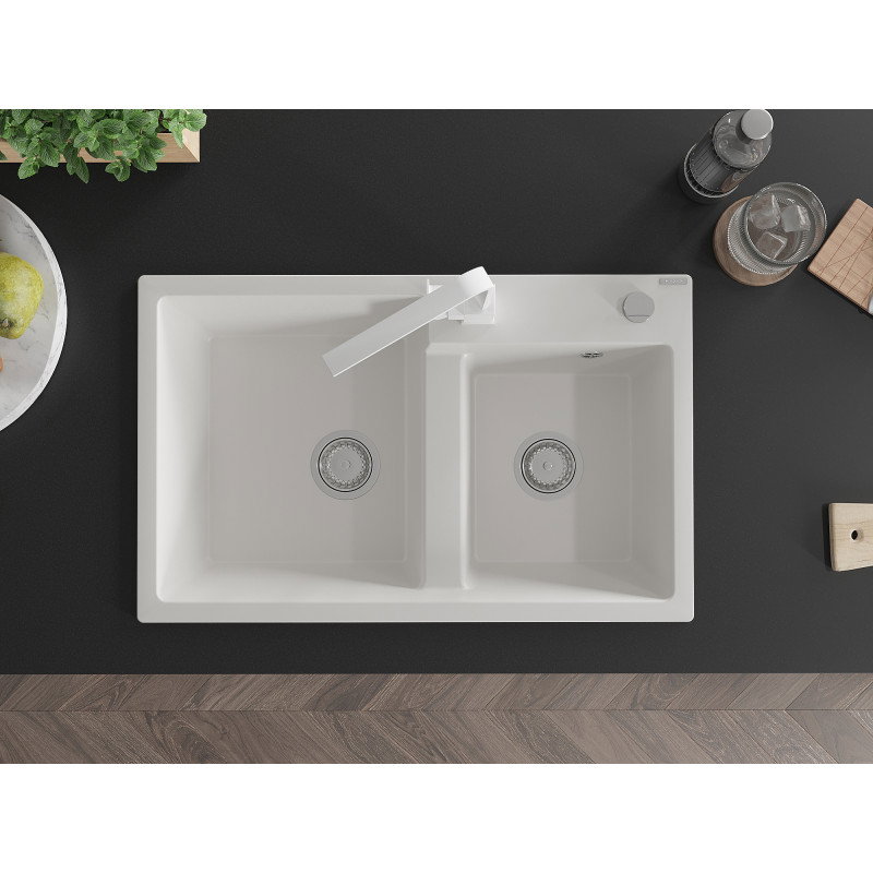 Mexen Tomas granite sink 2-bowl with kitchen faucet Rita, white - 6516-20-670300-20