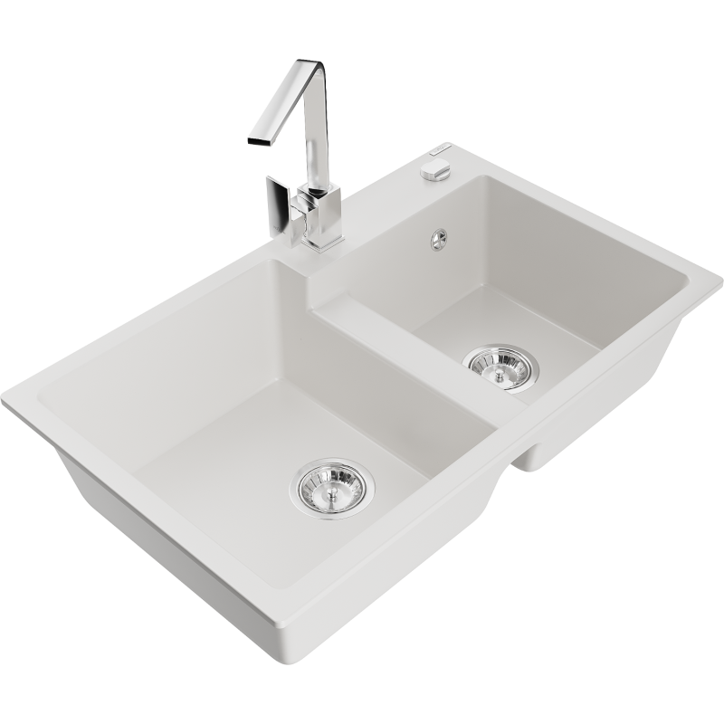 Mexen Tomas fregadero de granito de 2 compartimentos con grifo de cocina Rita, blanco - 6516-20-670300-00