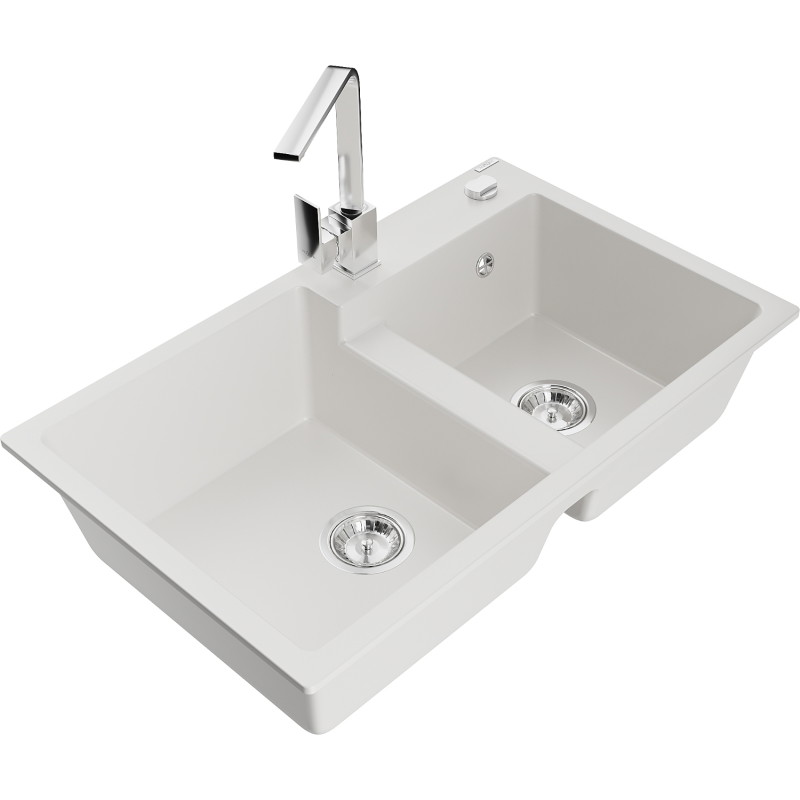 Mexen Tomas granitische dubbele spoelbak met keukenmengkraan Rita, wit - 6516-20-670300-00