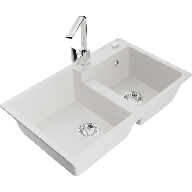 Mexen Tomas νεροχύτης γρανίτης 2-θάλαμος με μπαταρία κουζίνας Rita, λευκός