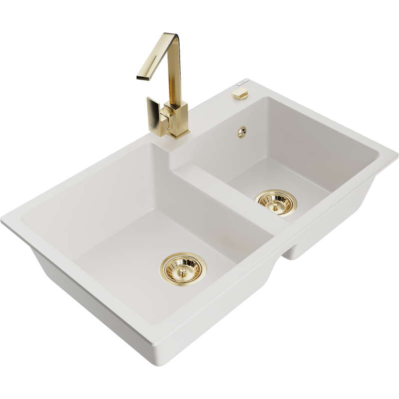 Mexen Tomas divkāršu granīta izlietne ar virtuves krānu Rita, balta - 6516-20-670300-50