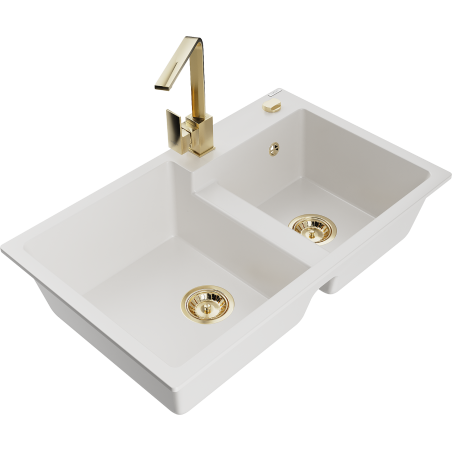 Mexen Tomas granite sink 2-bowl with Rita kitchen faucet, white - 6516-20-670300-50