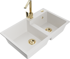 Mexen Tomas Granite Kitchen Sink 2-Bowl with Rita Tap, White - 6516-20-670300-50