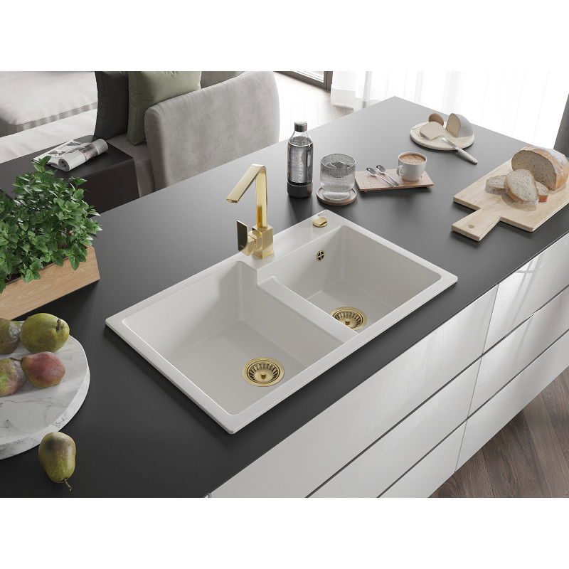 Mexen Tomas Granite Kitchen Sink 2-Bowl with Rita Tap, White - 6516-20-670300-50