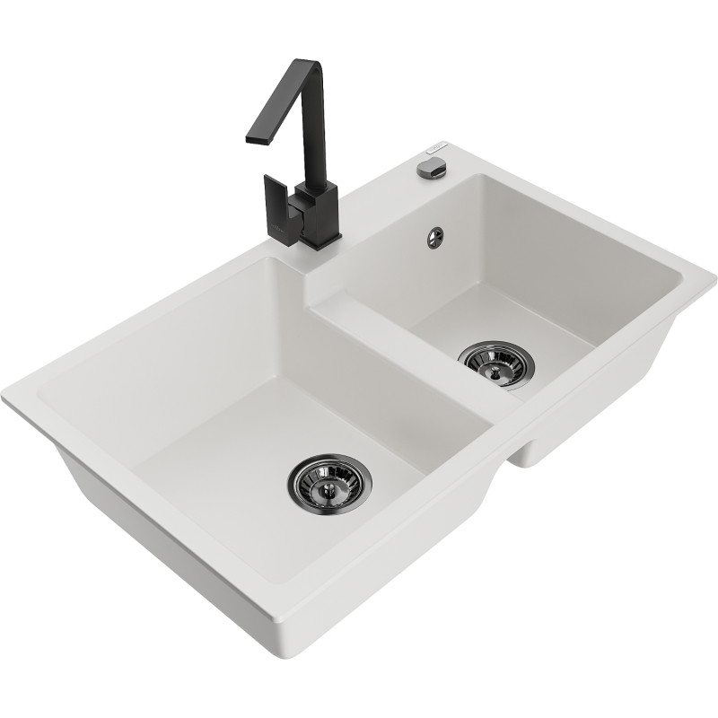 Mexen Tomas fregadero de granito de 2 compartimentos con grifo de cocina Rita, blanco - 6516-20-670300-70