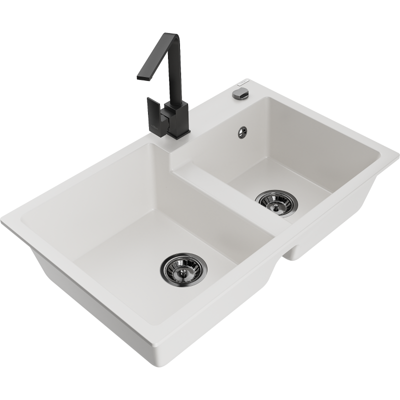 Mexen Tomas fregadero de granito de 2 cubetas con grifo de cocina Rita, blanco - 6516-20-670300-70