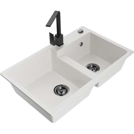 Mexen Tomas granite sink 2-chamber with Rita kitchen tap, white - 6516-20-670300-70