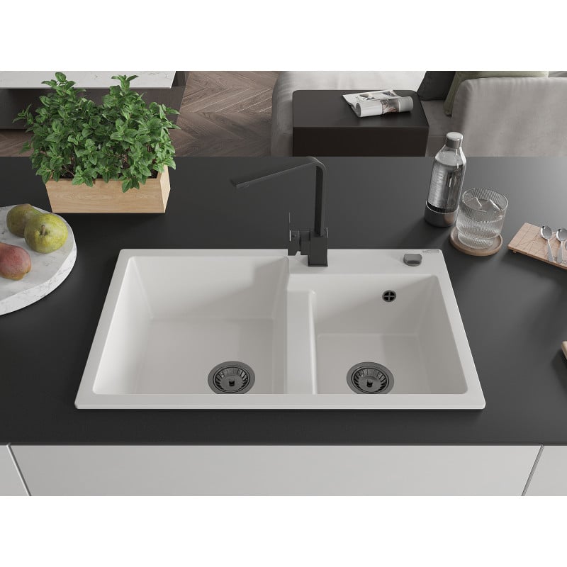 Mexen Tomas granite sink 2-chamber with Rita kitchen tap, white - 6516-20-670300-70