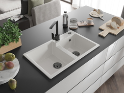 Mexen Tomas Granit-Duebel-Becken mat Kichenbatterie Rita, wäiss - 6516-20-670300-70