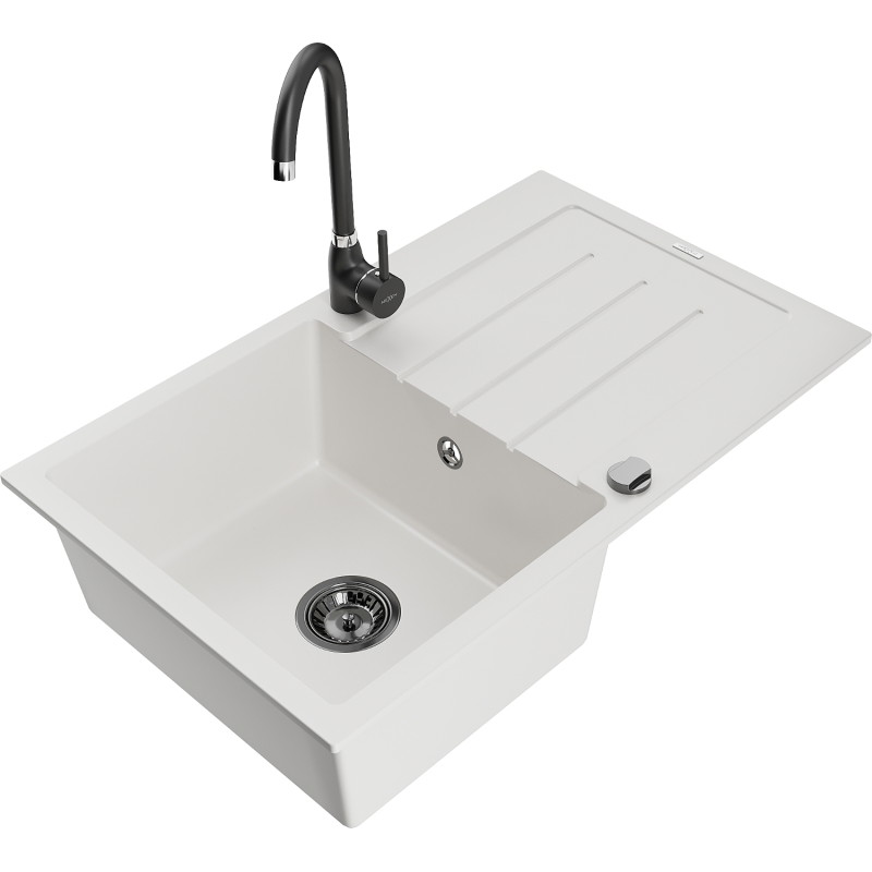 Mexen Bruno fregadero de granito de 1 compartimento con escurridor y grifo de cocina Telma, blanco - 6513-20-670200-70