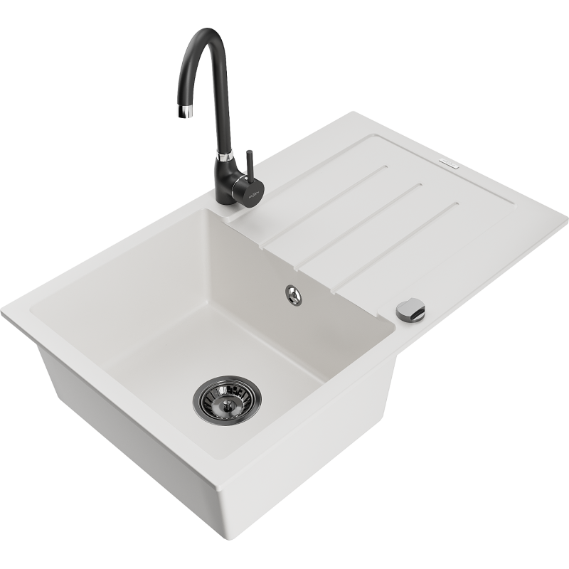 Mexen Bruno fregadero de granito de 1 cubeta con escurridor y grifo de cocina Telma, blanco - 6513-20-670200-70