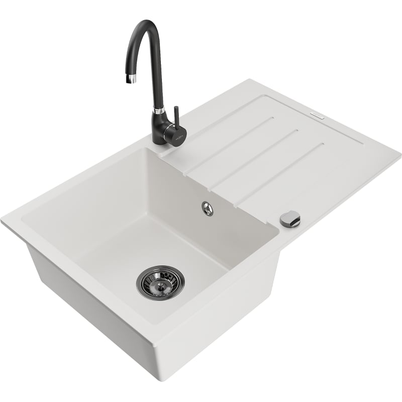Mexen Bruno granite kitchen sink 1-bowl with drainer and Telma kitchen faucet, white - 6513-20-670200-70
