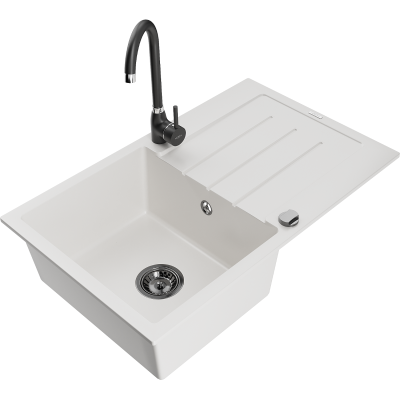 Mexen Bruno yksi-allasinen graniittiallas, valutusalueella ja Telma-keittiöhanalla, valkoinen - 6513-20-670200-70