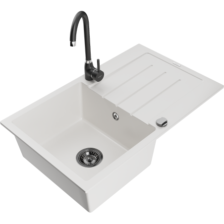 Mexen Bruno fregadero de granito de 1 compartimento con escurridor y grifo de cocina Telma, blanco - 6513-20-670200-70