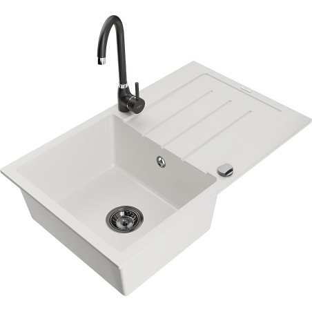 Mexen Bruno granite kitchen sink 1-bowl with drainer and Telma kitchen faucet, white - 6513-20-670200-70