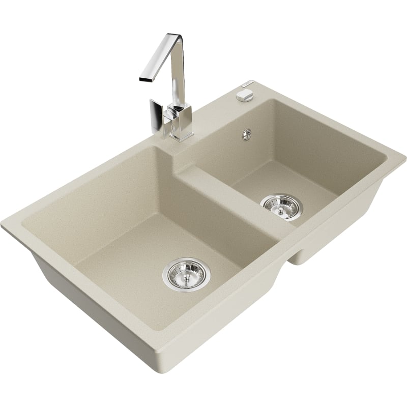 Mexen Tomas 2-bowl granite sink with Rita kitchen faucet, beige - 6516-69-670300-00