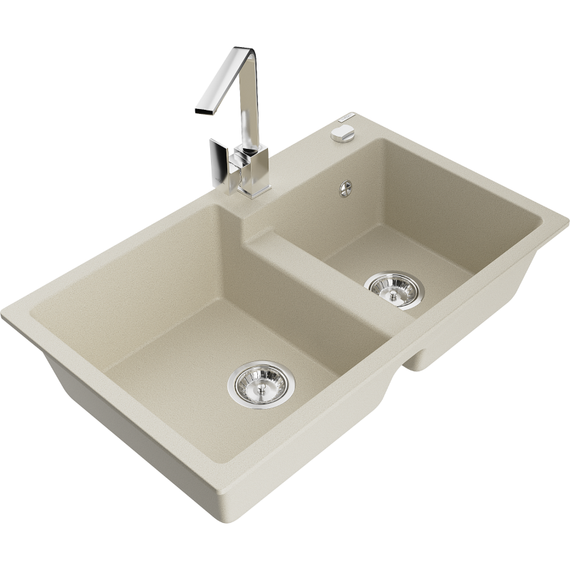 Mexen Tomas fregadero de cocina de granito de 2 compartimentos con grifo de cocina Rita, beige - 6516-69-670300-00