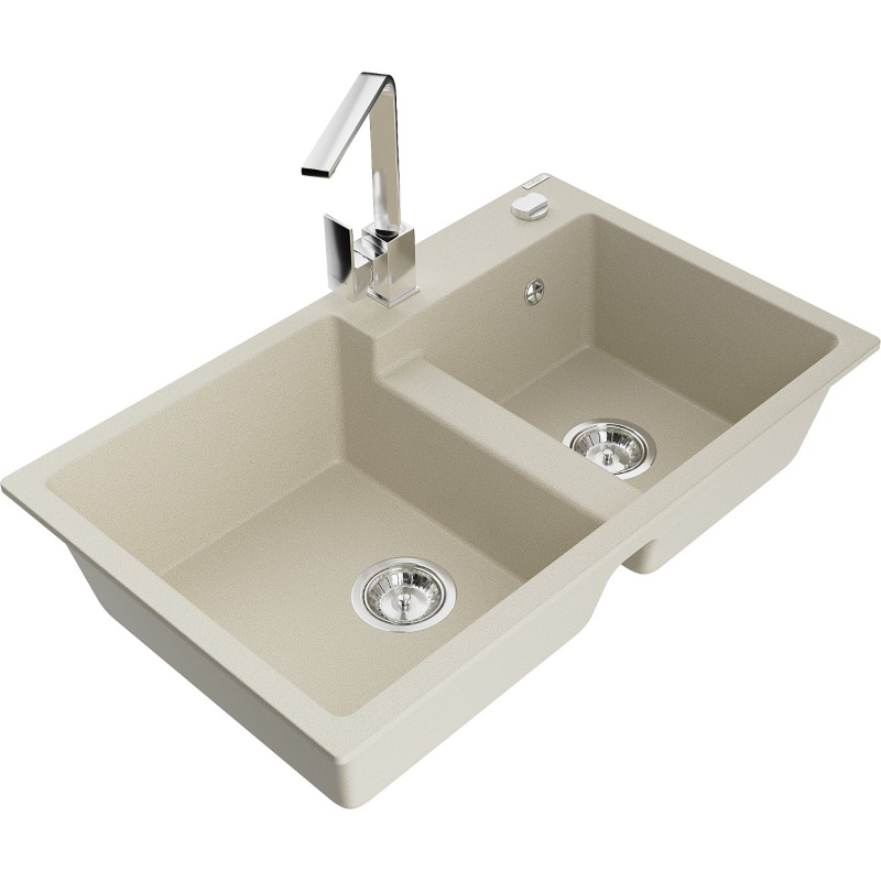 Mexen Tomas tweekamer granieten gootsteen met keukenmengkraan Rita, beige - 6516-69-670300-00