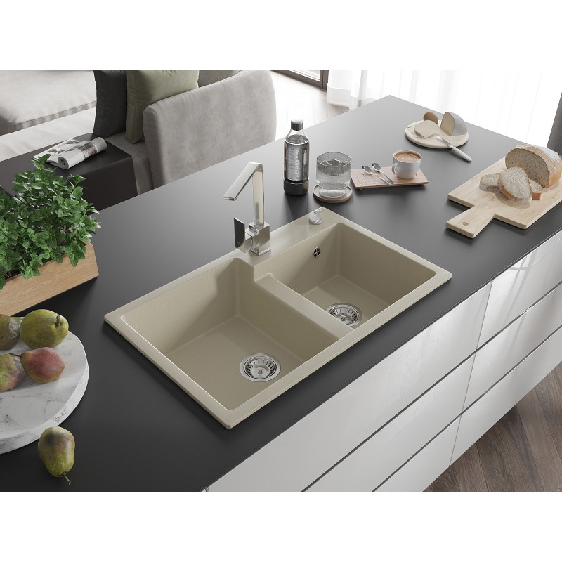 Mexen Tomas fregadero de granito de 2 compartimentos con grifo de cocina Rita, beige - 6516-69-670300-00