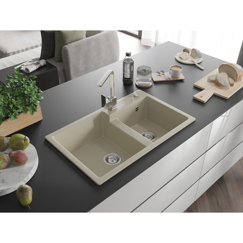 Mexen Tomas lavello in granito a 2 vasche con rubinetto da cucina Rita, beige - 6516-69-670300-00