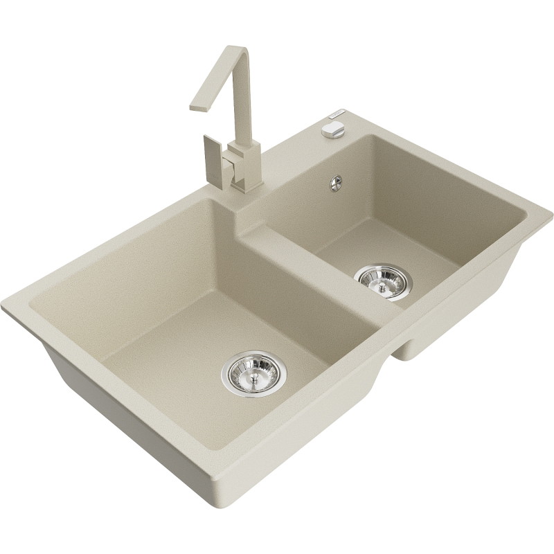 Mexen Tomas fregadero de granito de 2 cubiertas con grifo de cocina Rita, beige - 6516-69-670300-69