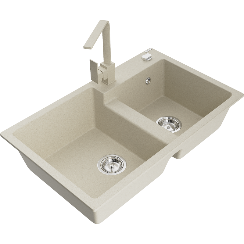 Mexen Tomas granite double sink with Rita kitchen tap, beige - 6516-69-670300-69