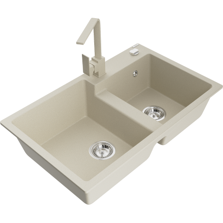 Mexen Tomas granite double sink with Rita kitchen tap, beige - 6516-69-670300-69