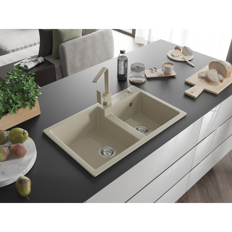 Mexen Tomas tweekamerige granieten spoelbak met keukenkraan Rita, beige - 6516-69-670300-69