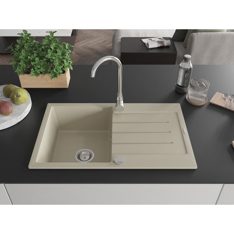 Mexen Bruno lavello in granito a una vasca con scolapiatti e rubinetto da cucina Telma, beige - 6513-69-670200-00