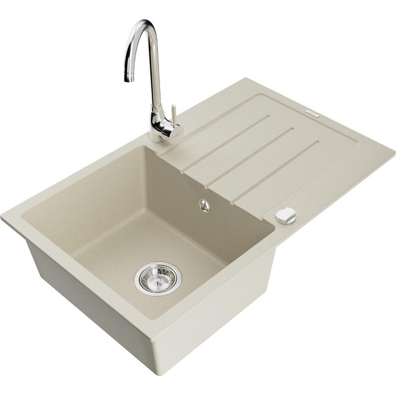 Mexen Bruno fregadero de granito de 1 cubeta con escurridor y grifo de cocina Telma, beige - 6513-69-670200-00