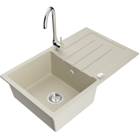 Mexen Bruno granite single-bowl sink with drainer and Telma kitchen faucet, beige - 6513-69-670200-00
