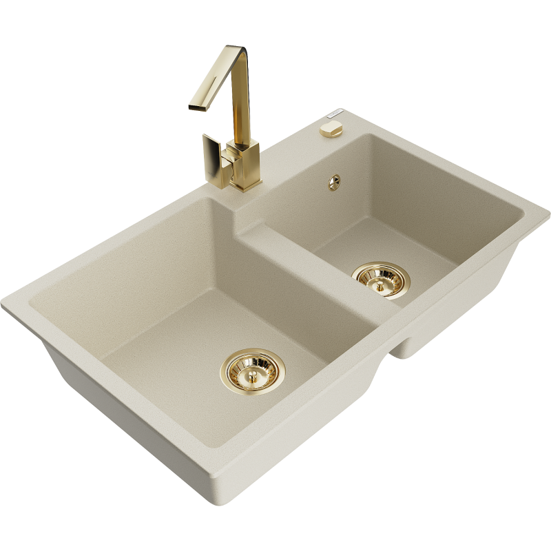 Mexen Tomas fregadero de granito de 2 compartimentos con grifo de cocina Rita, beige - 6516-69-670300-50