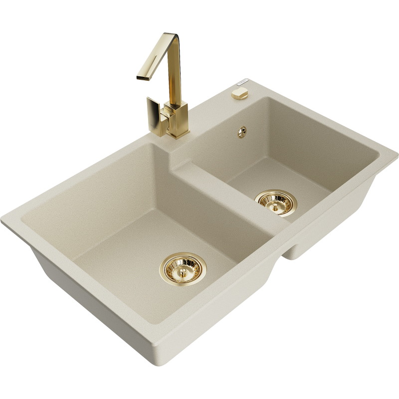Mexen Tomas granitische spoelbak met 2 kamers en keukenmengkraan Rita, beige - 6516-69-670300-50