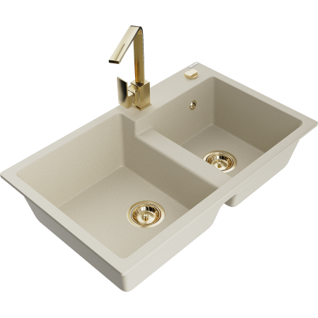 Mexen Tomas 2-bowl granite sink with Rita kitchen tap, beige - 6516-69-670300-50