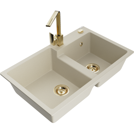 Mexen Tomas granieten gootsteen 2-kamer met keukenmengkraan Rita, beige - 6516-69-670300-50