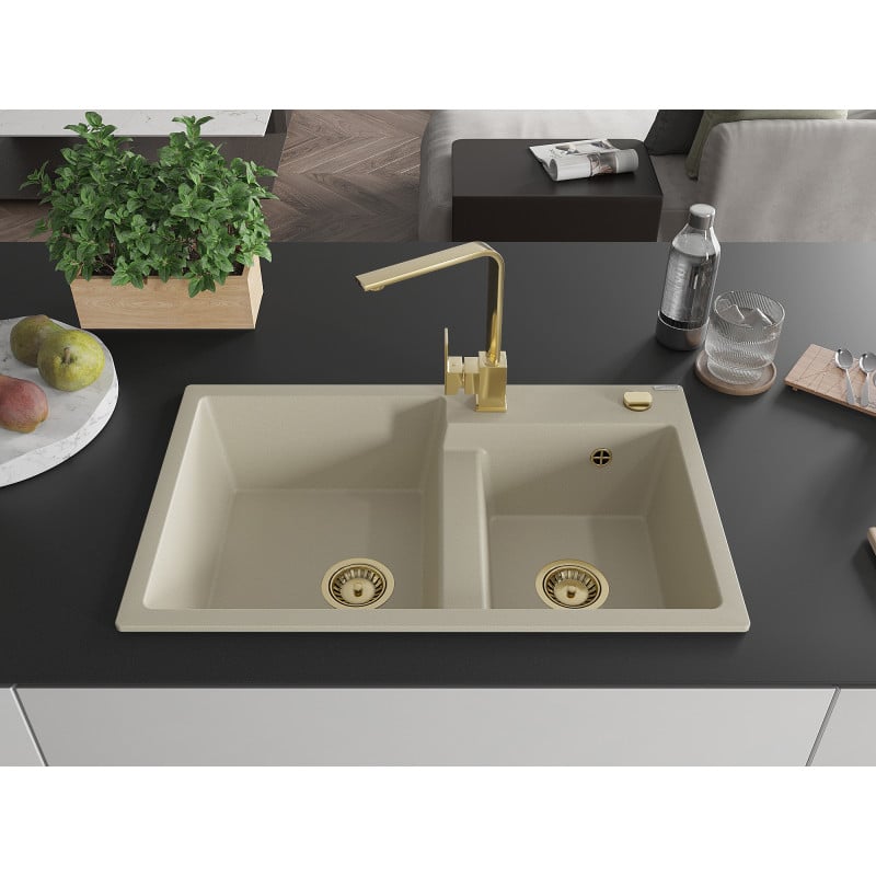 Mexen Tomas 2-bowl granite sink with Rita kitchen tap, beige - 6516-69-670300-50
