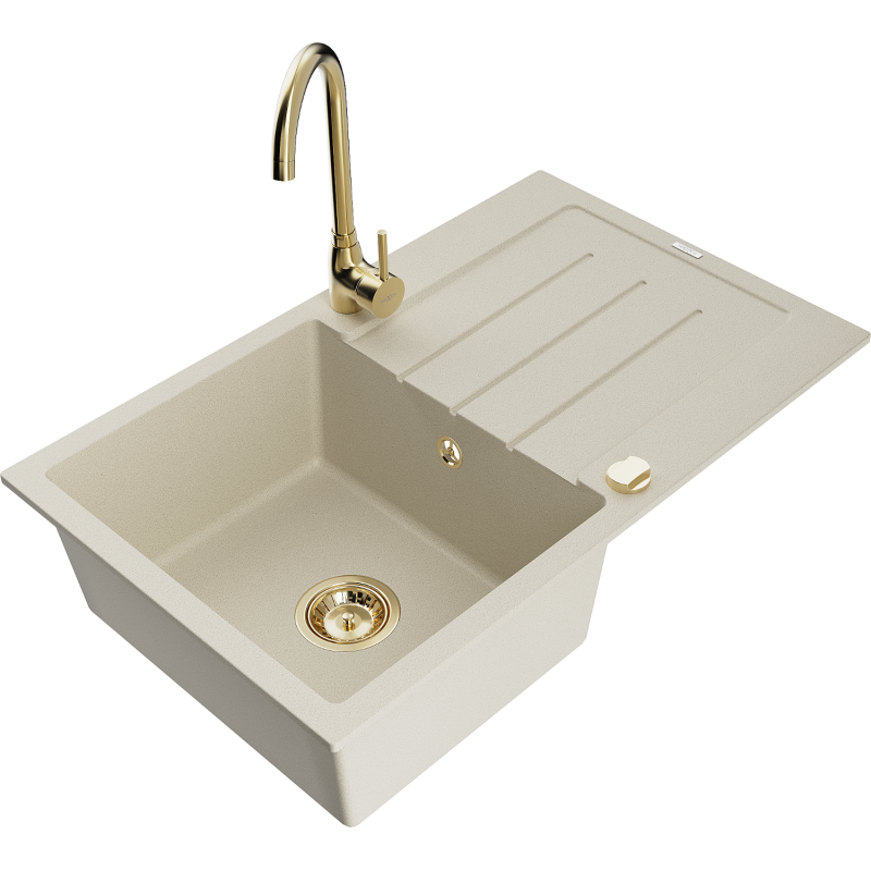 Mexen Bruno fregadero de granito de 1 cubeta con escurridor y grifo de cocina Telma, beige - 6513-69-670200-50