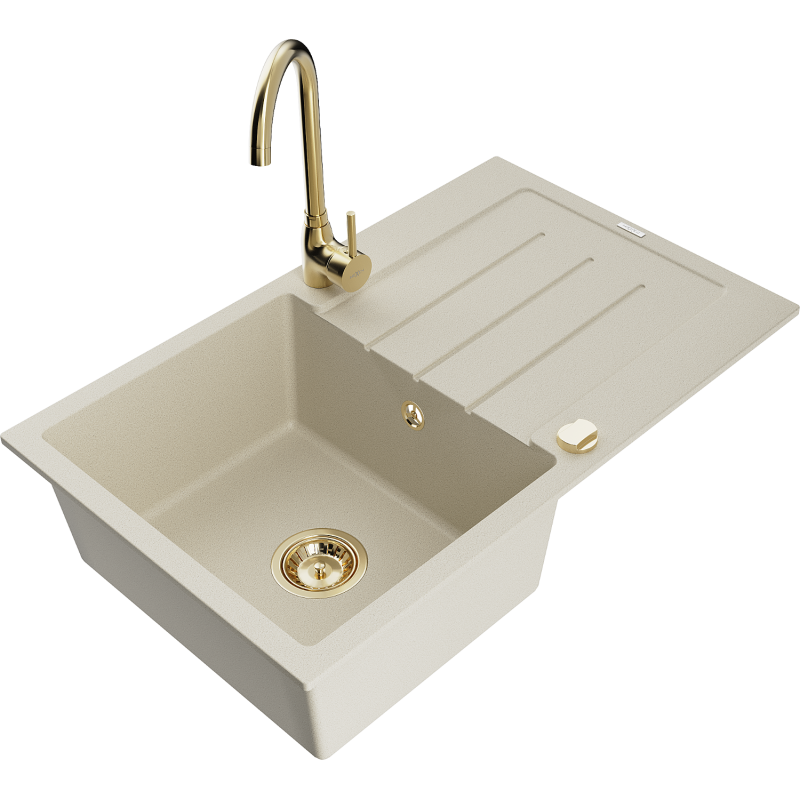 Mexen Bruno lava-loiça de granito de 1 cuba com escorredor e torneira de cozinha Telma, bege - 6513-69-670200-50