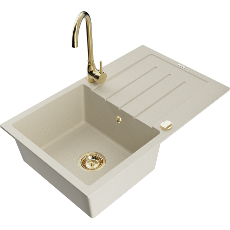 Mexen Bruno évier en granit 1 bac avec égouttoir et robinet de cuisine Telma, beige - 6513-69-670200-50