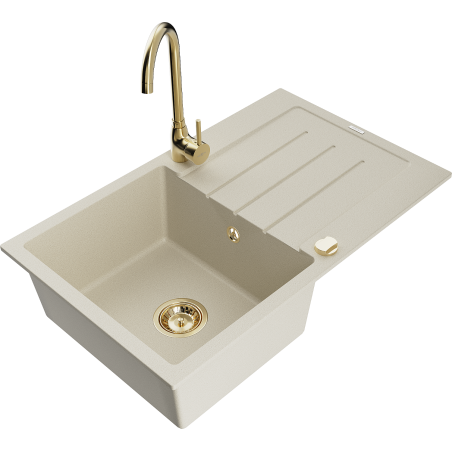 Mexen Bruno granieten gootsteen met 1 bak, afdruipplaat en Telma keukenkraan, beige - 6513-69-670200-50