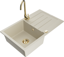 Mexen Bruno Granitspüle 1-beckig mit Abtropffläche und Küchenarmatur Telma, beige - 6513-69-670200-50
