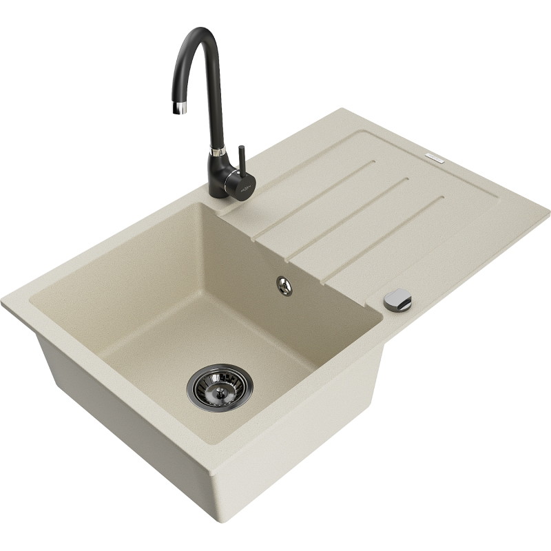 Mexen Bruno granit gootsteen 1-komors met druiprek en keukenkraan Telma, beige - 6513-69-670200-70