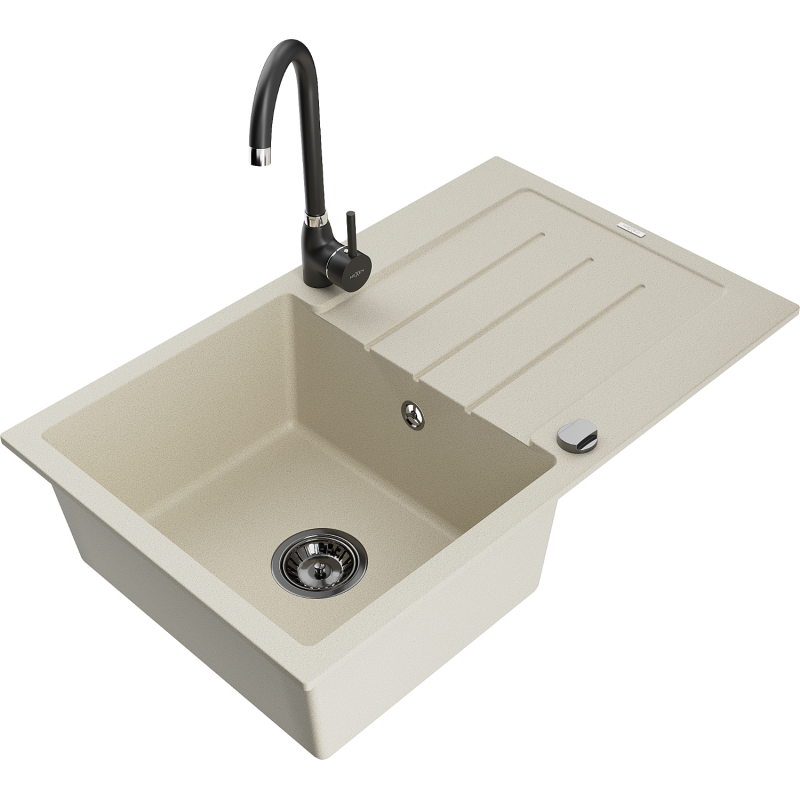 Mexen Bruno granite single-bowl kitchen sink with drainer and Telma kitchen tap, beige - 6513-69-670200-70