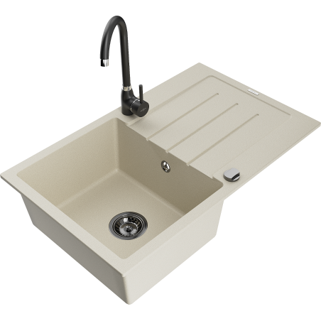 Mexen Bruno granitische spoelbak met 1 bak met druiprek en keukenkraan Telma, beige - 6513-69-670200-70