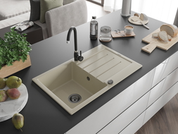 Mexen Bruno granieten spoelbak 1-komors met afdruiprek en Telma keukenkraan, beige - 6513-69-670200-70
