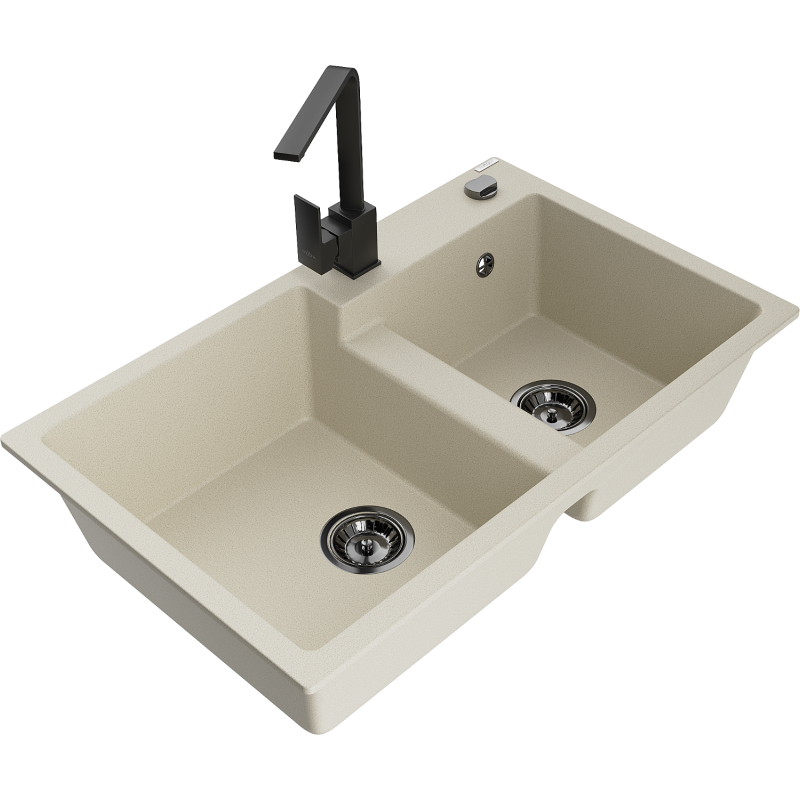 Mexen Tomas 2-chamber granite sink with Rita kitchen tap, beige - 6516-69-670300-70