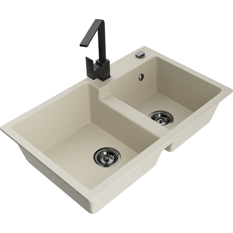 Mexen Tomas fregadero de granito de 2 compartimentos con grifo de cocina Rita, beige - 6516-69-670300-70