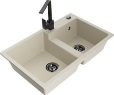 Mexen Tomas granieten gootsteen 2-kamer met keukenmengkraan Rita, beige - 6516-69-670300-70